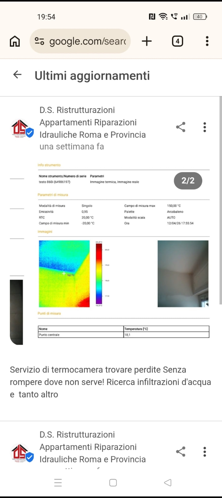 Rapporto termografico infiltrazione individuata
